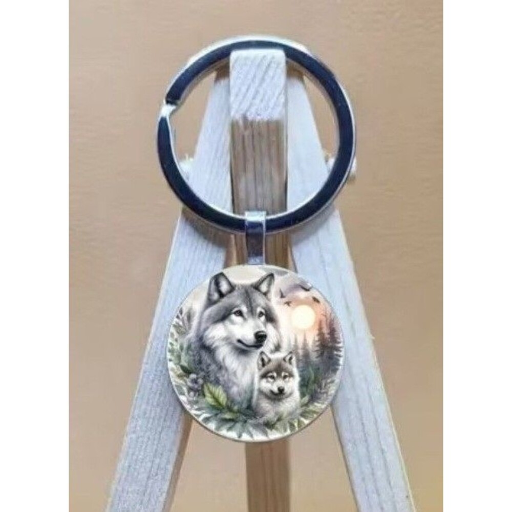Wolf and Pup Keychain Finished with a Glass Dome
